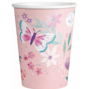 Set 8 pahare roz, cu Fluturi si flori, 250 ml